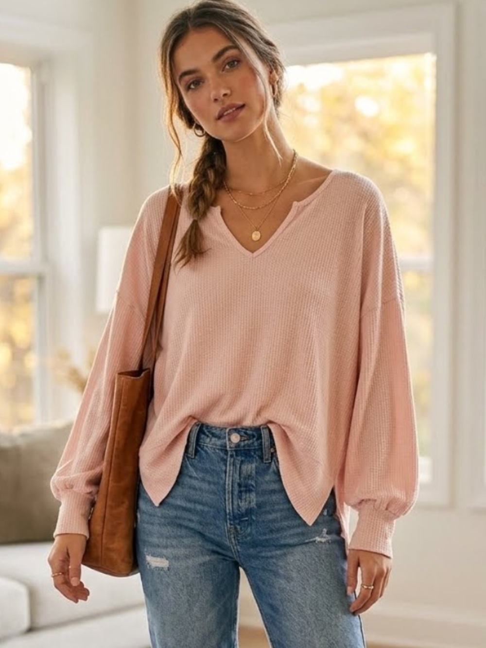 Entro V-neck Oversized Waffle Knit Top Coral Dropped Shoulders Bohemian Medium